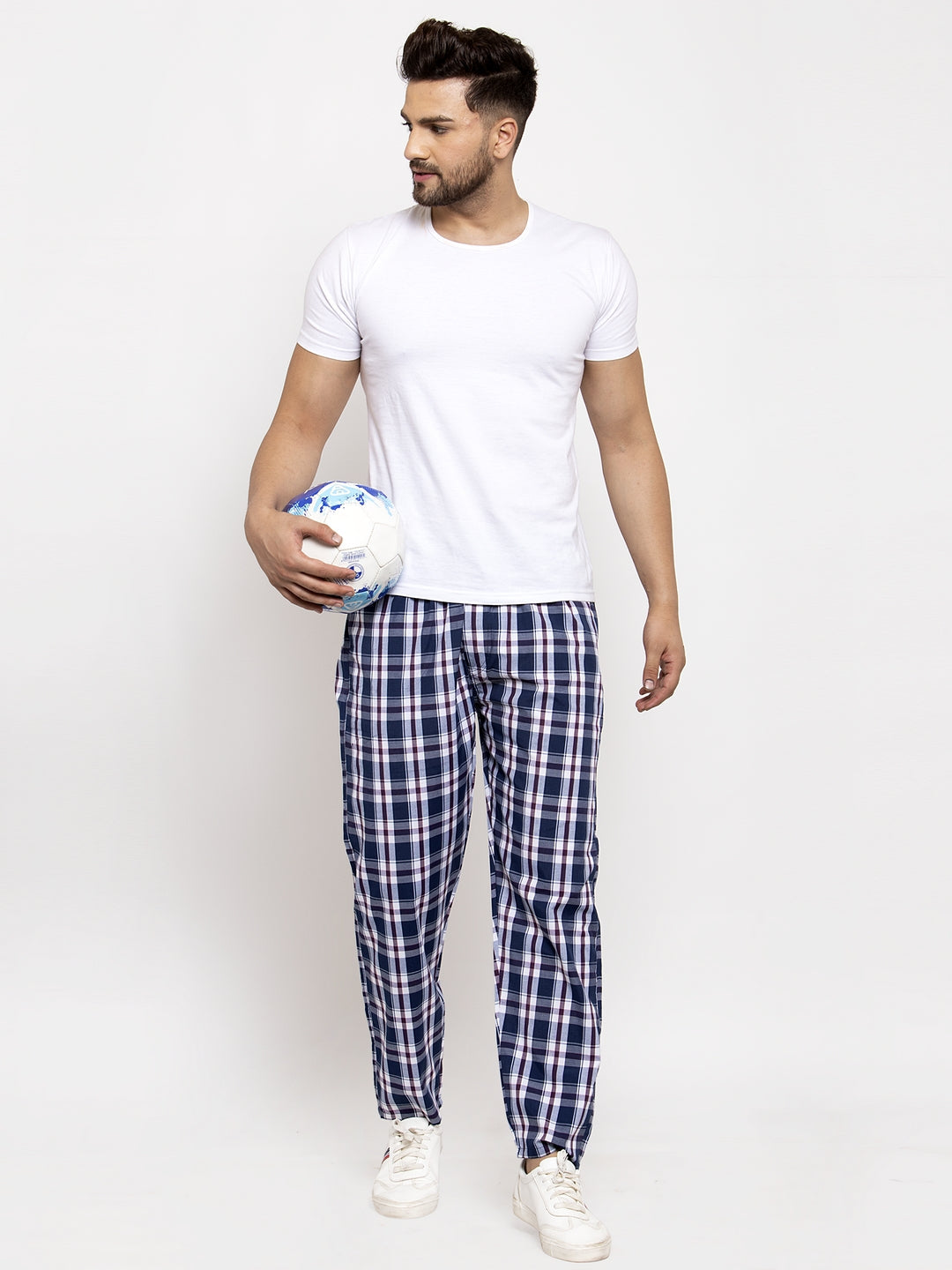 Jainish Men's Navy Blue Checked Cotton Track Pants ( JOG 013Navy-Blue ) - Swadesiicart