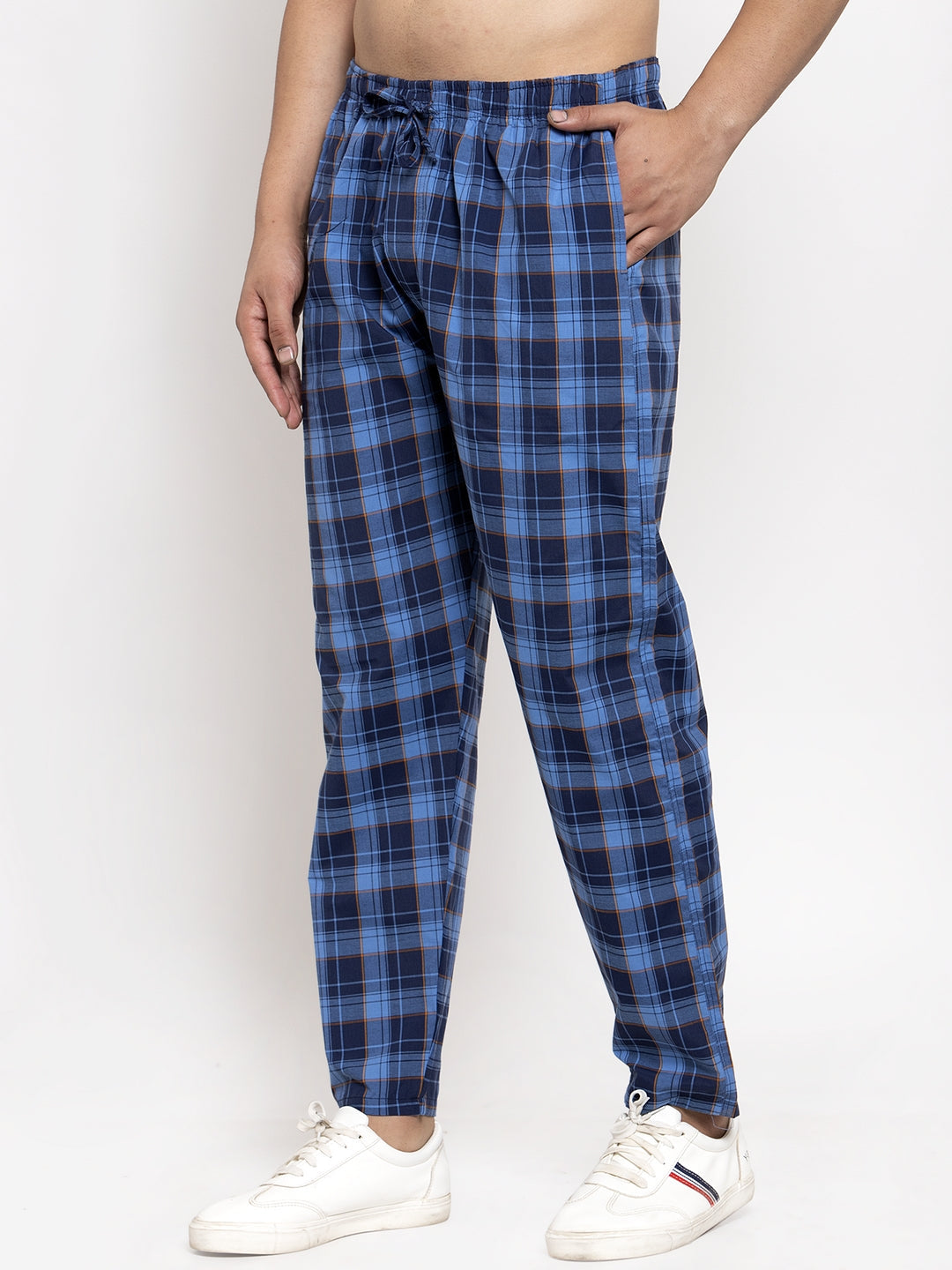 Jainish Men's Blue Checked Cotton Track Pants ( JOG 013Royal-Blue ) - Swadesiicart