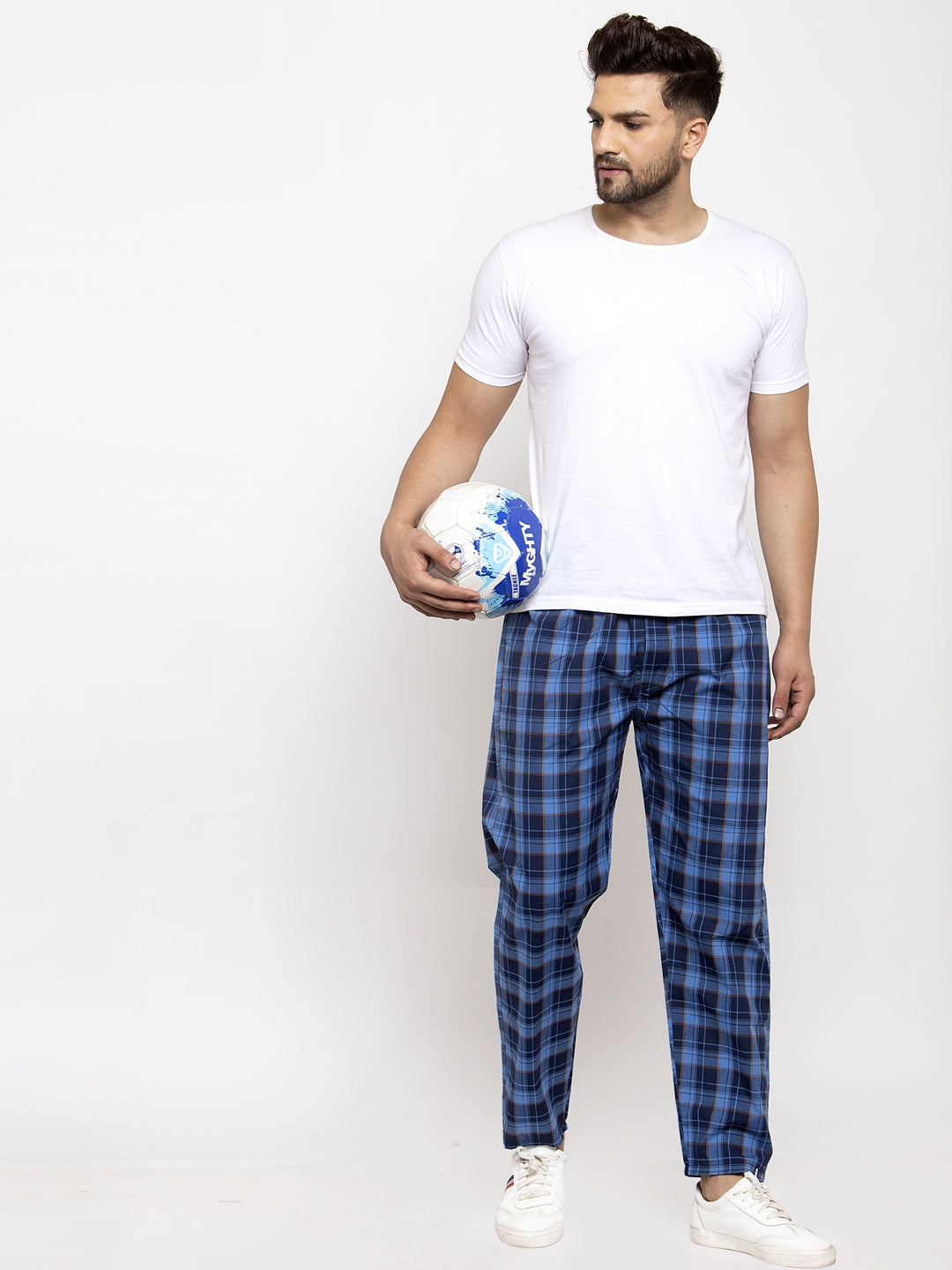 Jainish Men's Blue Checked Cotton Track Pants ( JOG 013Royal-Blue ) - Swadesiicart