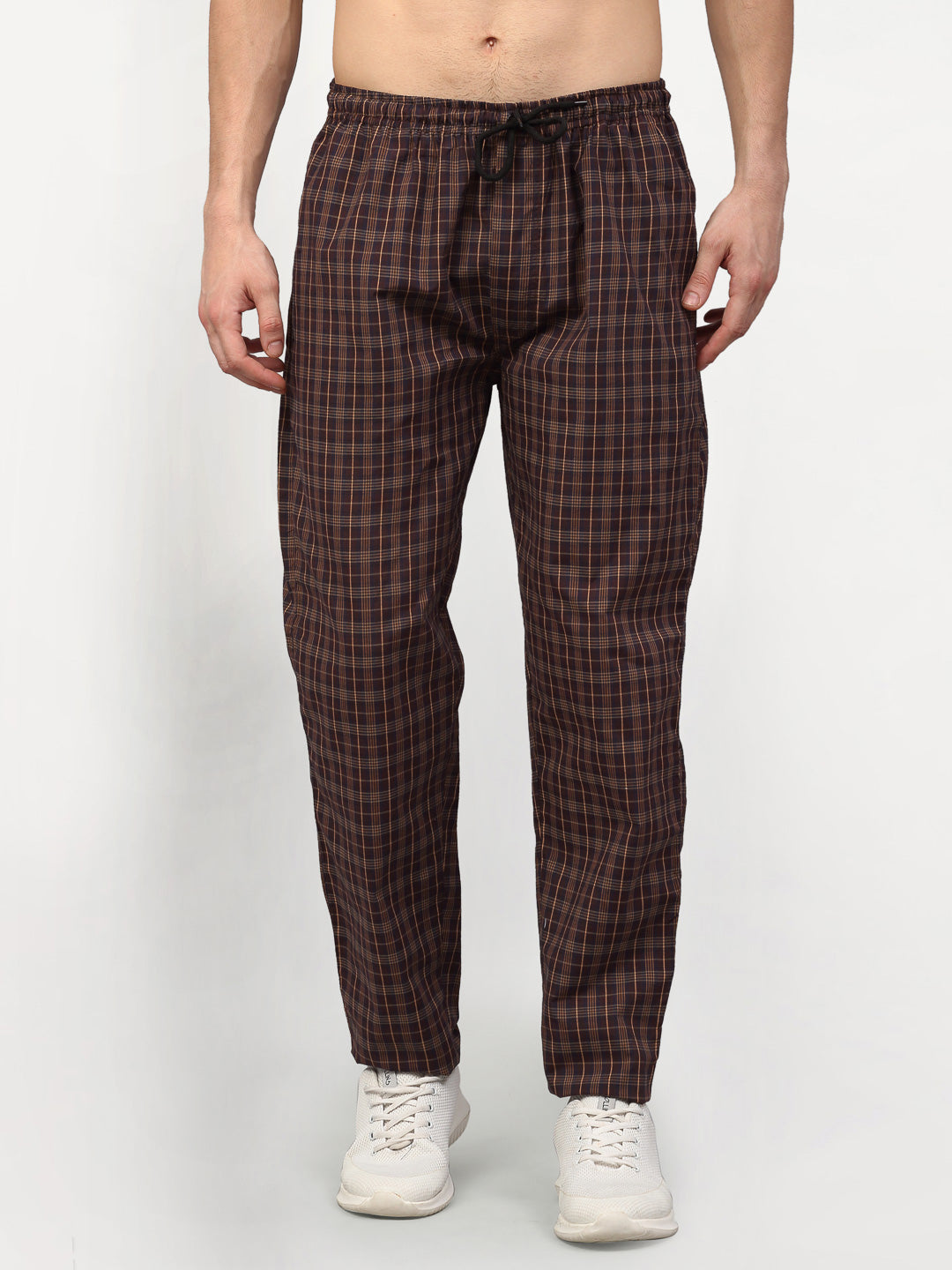 Jainish Men's Brown Cotton Checked Track Pants ( JOG 015Brown ) - Swadesiicart
