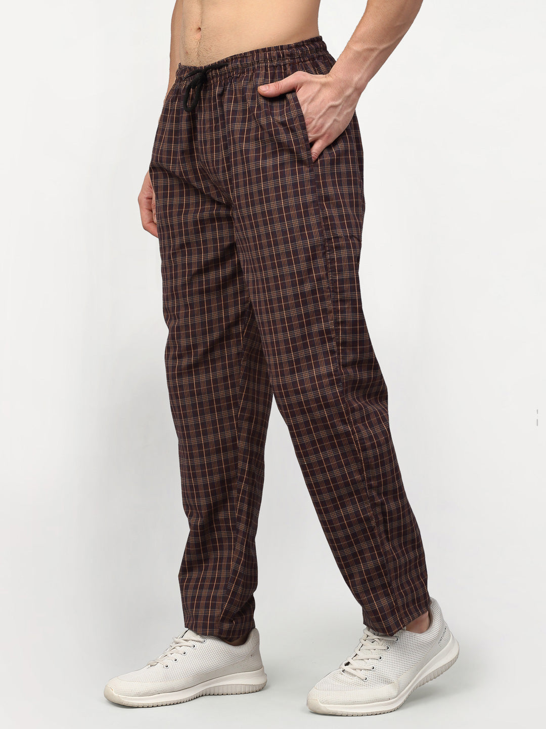 Jainish Men's Brown Cotton Checked Track Pants ( JOG 015Brown ) - Swadesiicart