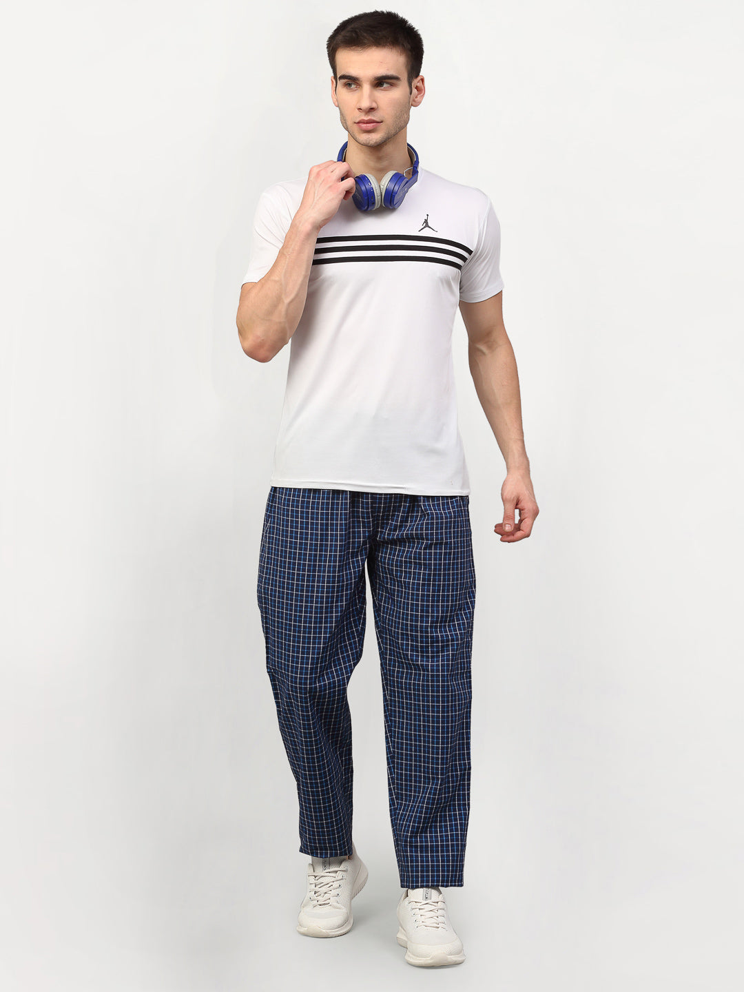 Jainish Men's Navy Blue Cotton Checked Track Pants ( JOG 015Navy ) - Swadesiicart