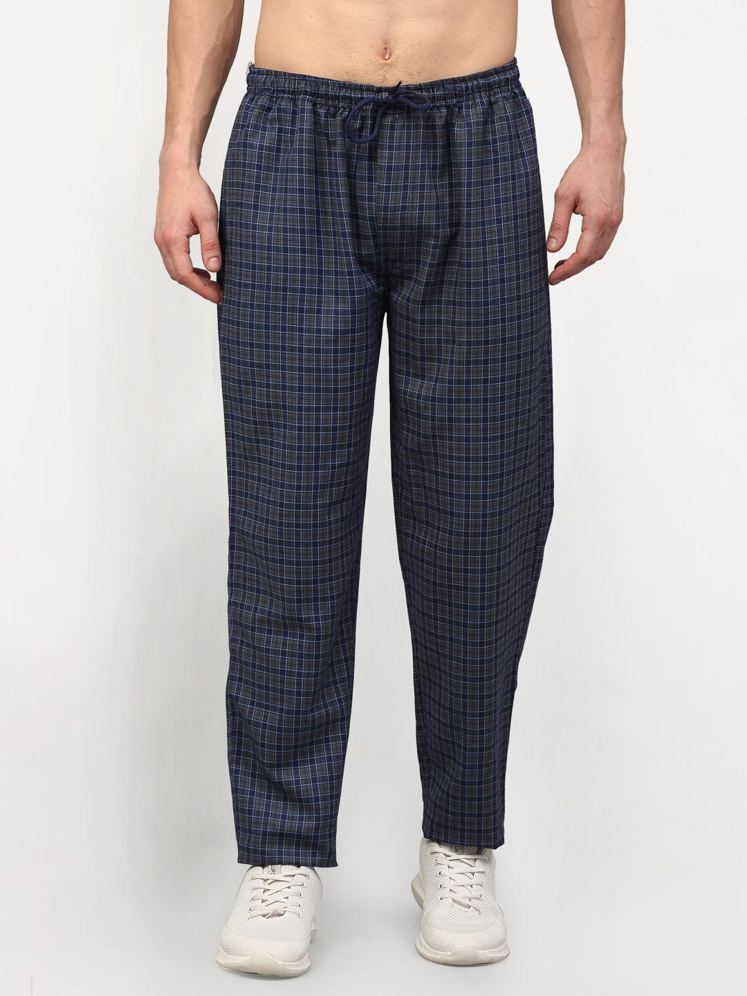 Jainish Men's Navy Blue Cotton Checked Track Pants ( JOG 017Navy-Grey ) - Swadesiicart