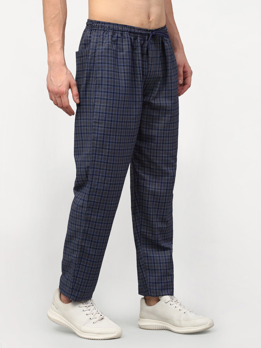 Jainish Men's Navy Blue Cotton Checked Track Pants ( JOG 017Navy-Grey ) - Swadesiicart