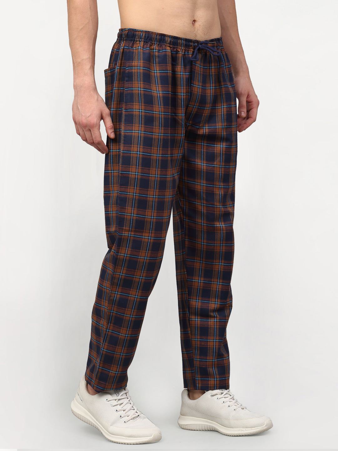 Jainish Men's Orange Cotton Checked Track Pants ( JOG 018Orange-Blue ) - Swadesiicart