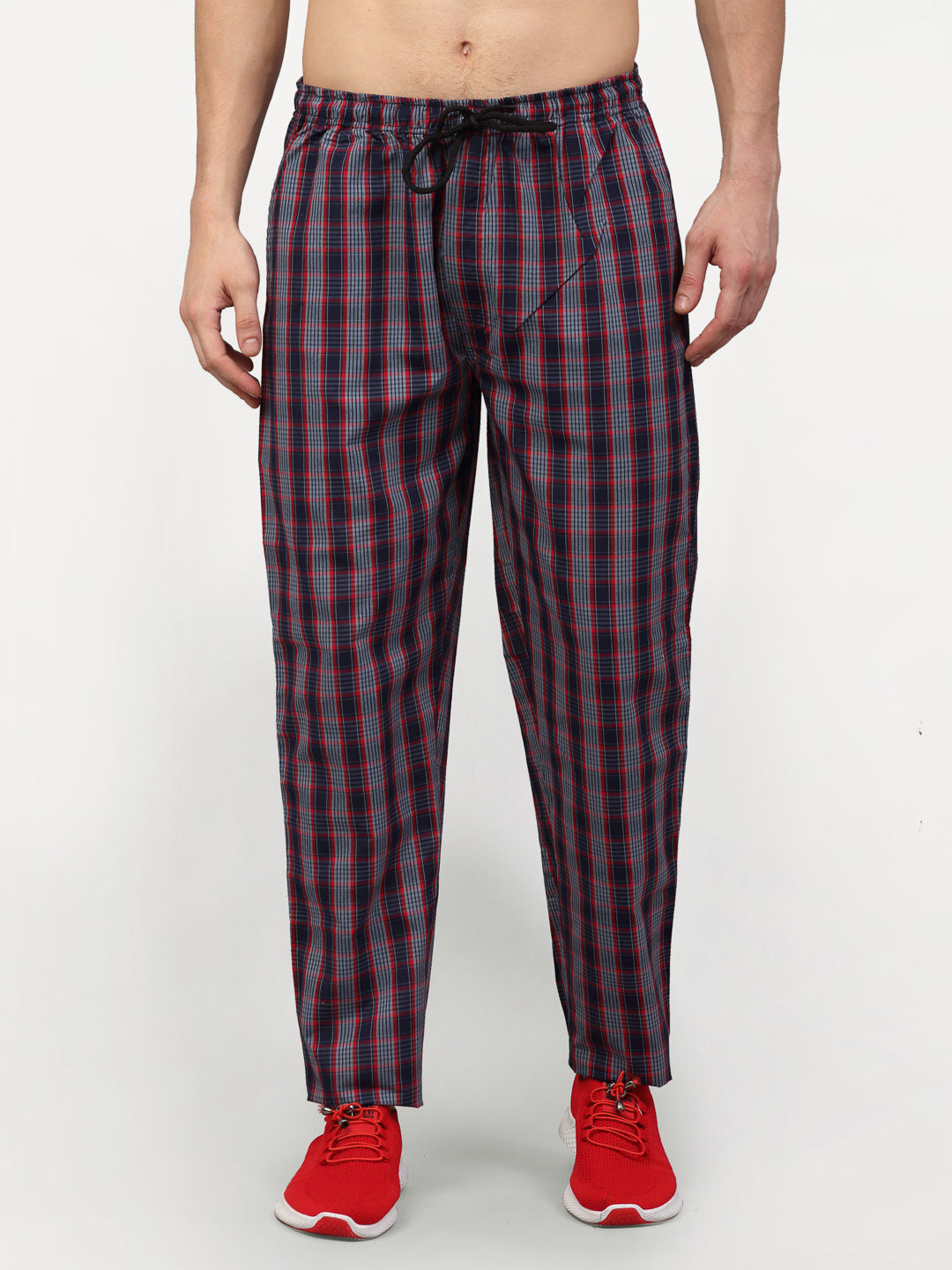 Jainish Men's Grey Cotton Checked Track Pants ( JOG 019Grey-Red ) - Swadesiicart