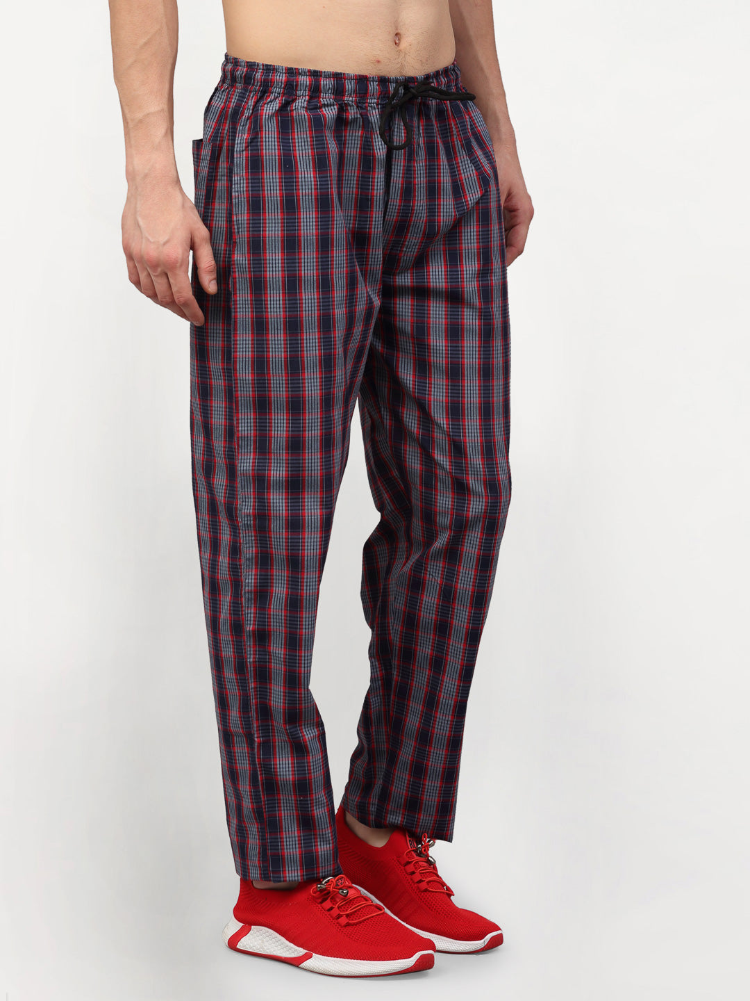 Jainish Men's Grey Cotton Checked Track Pants ( JOG 019Grey-Red ) - Swadesiicart