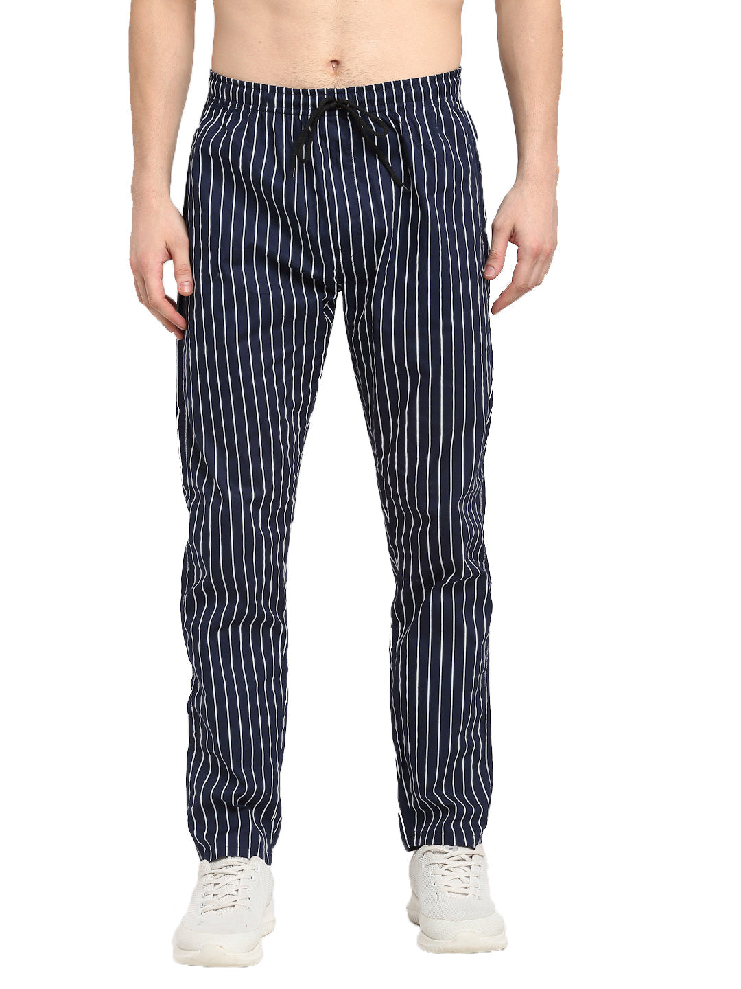 Jainish Men's Navy Blue Cotton Striped Track Pants ( JOG 020Navy ) - Swadesiicart
