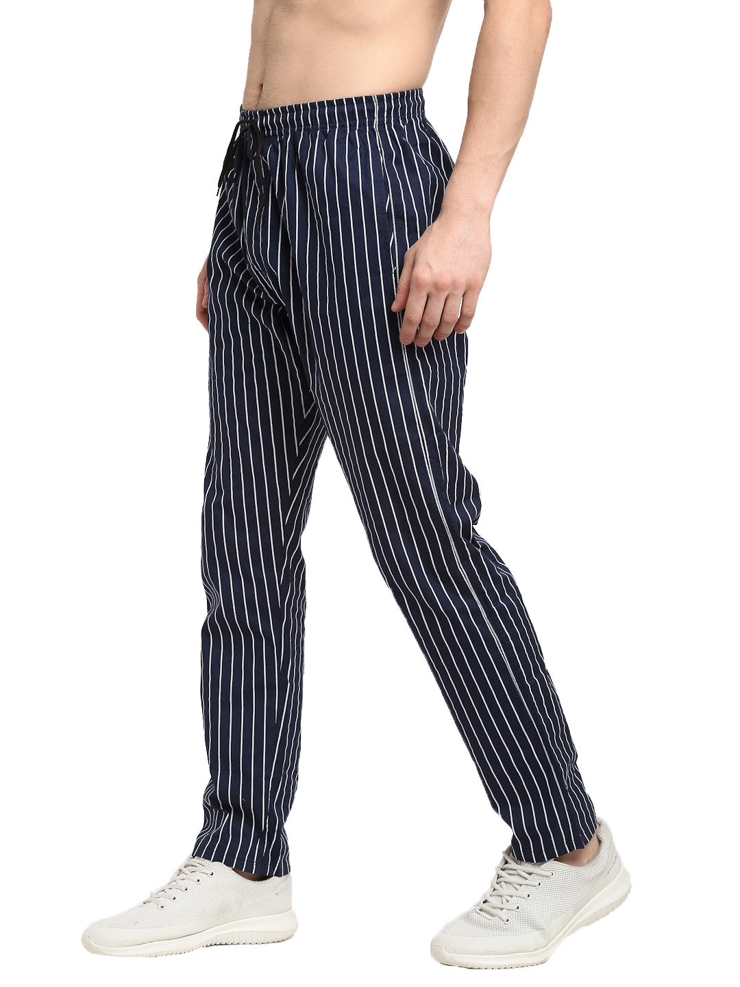 Jainish Men's Navy Blue Cotton Striped Track Pants ( JOG 020Navy ) - Swadesiicart