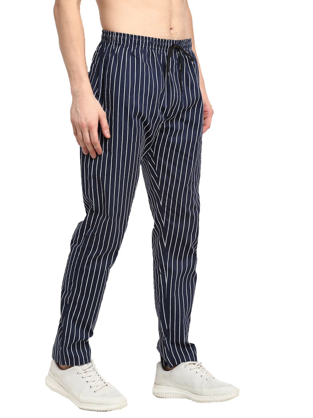 Jainish Men's Navy Blue Cotton Striped Track Pants ( JOG 020Navy ) - Swadesiicart