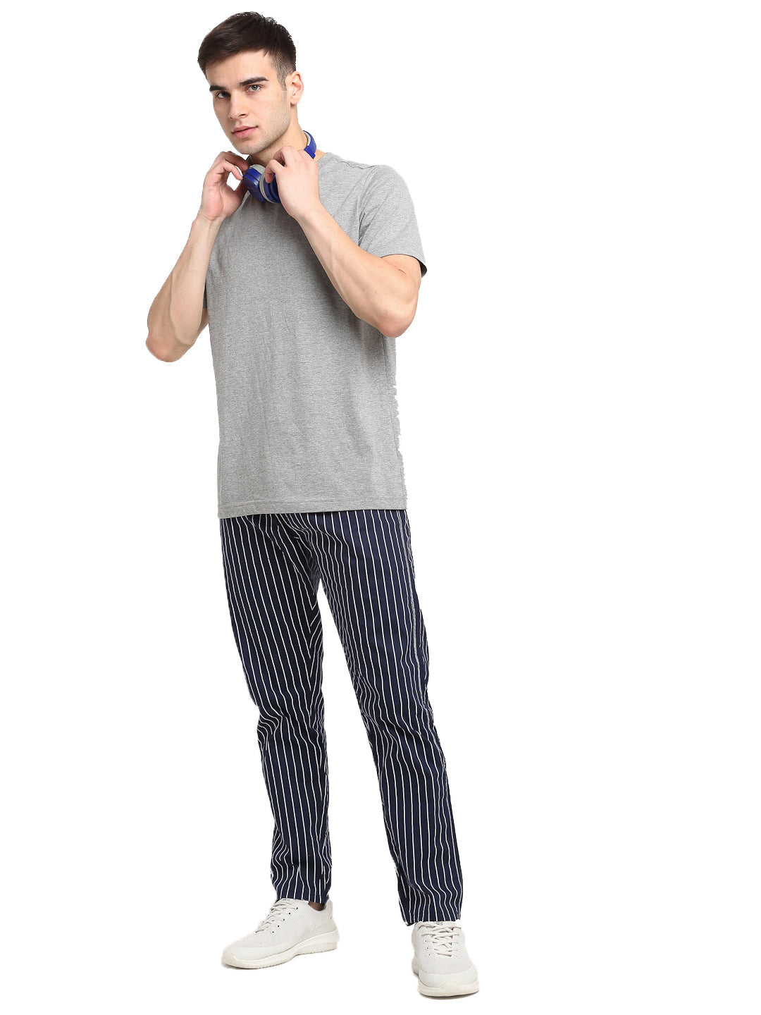 Jainish Men's Navy Blue Cotton Striped Track Pants ( JOG 020Navy ) - Swadesiicart