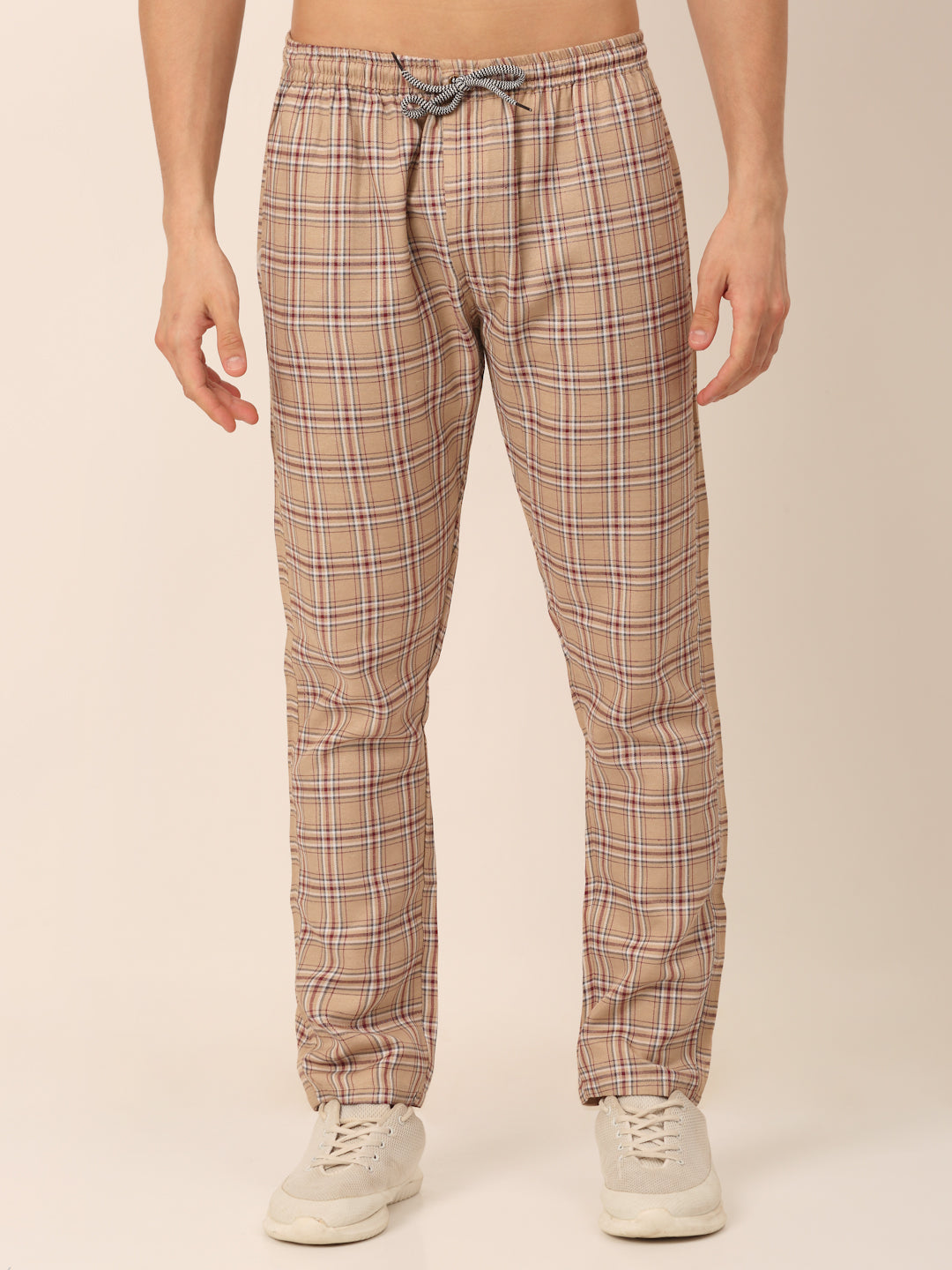 Jainish Men's Checked Cotton Track Pants - Brown - Swadesiicart