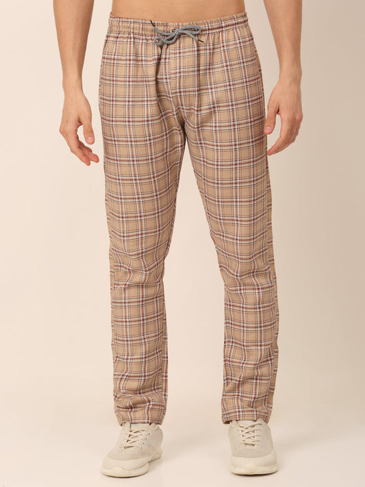 Jainish Men's Checked Cotton Track Pants - Brown - Swadesiicart