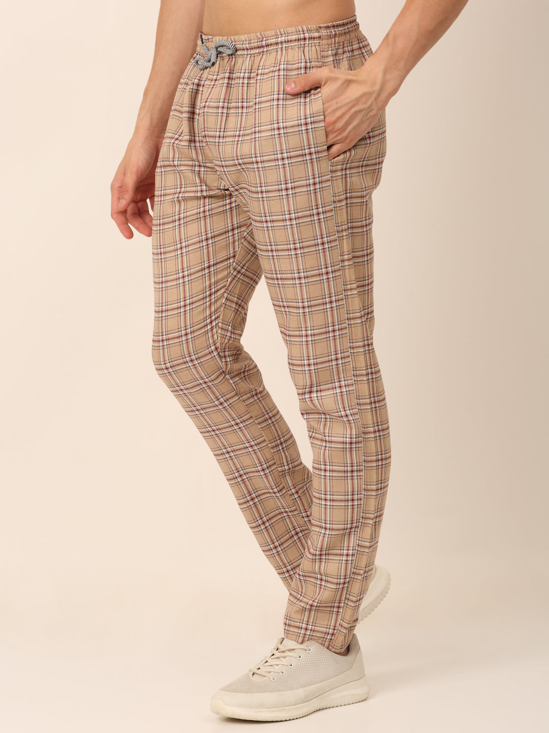 Jainish Men's Checked Cotton Track Pants - Brown - Swadesiicart