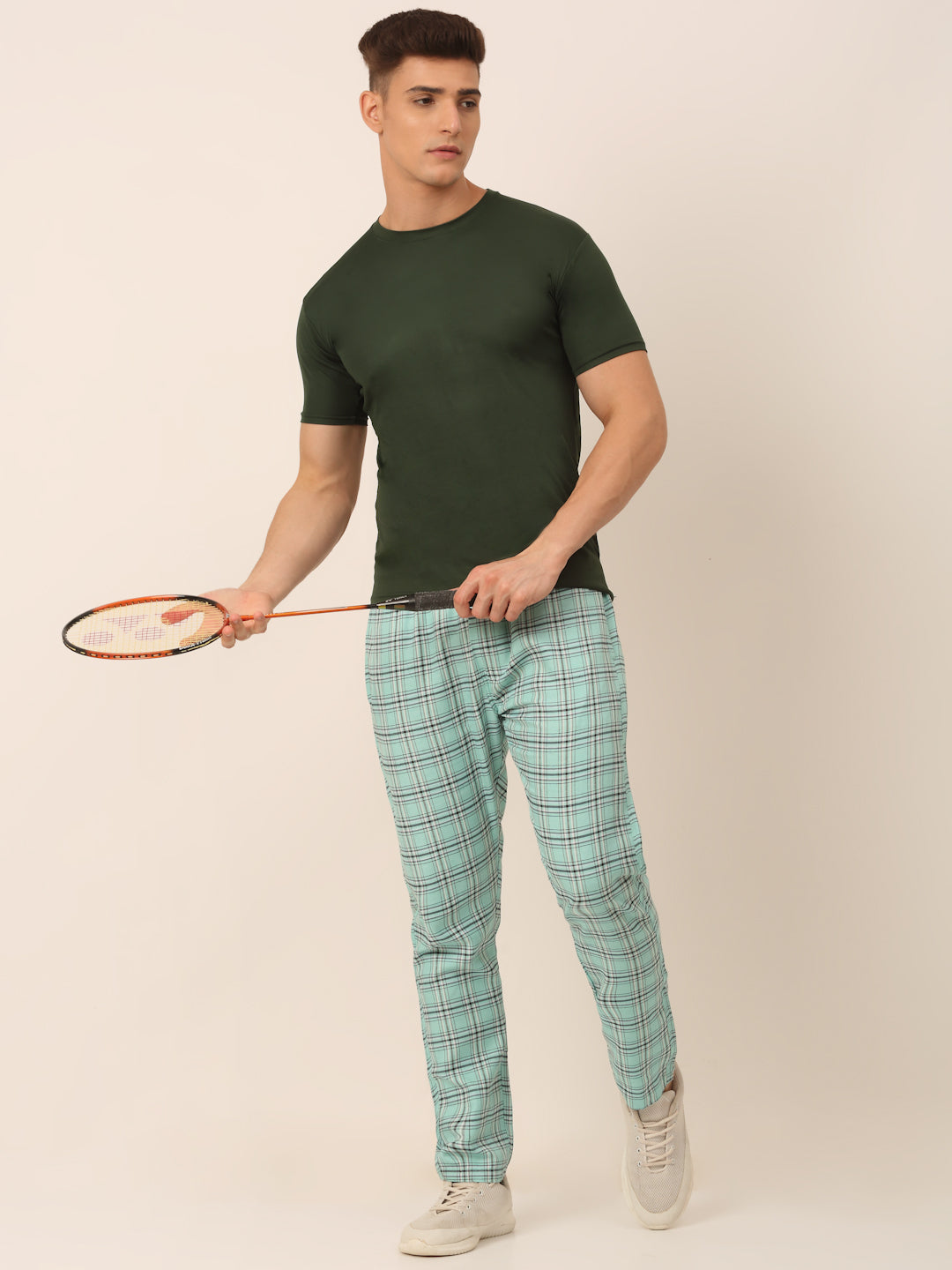 Jainish Men's Checked Cotton Track Pants - Green - Swadesiicart