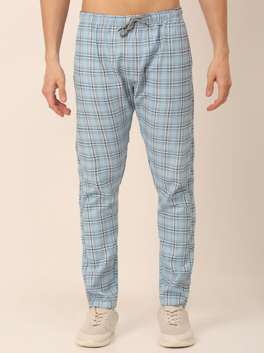 Jainish Men's Checked Cotton Track Pants - Sky Blue - Swadesiicart