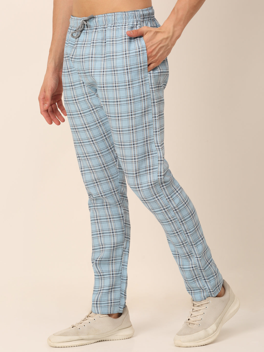 Jainish Men's Checked Cotton Track Pants - Sky Blue - Swadesiicart