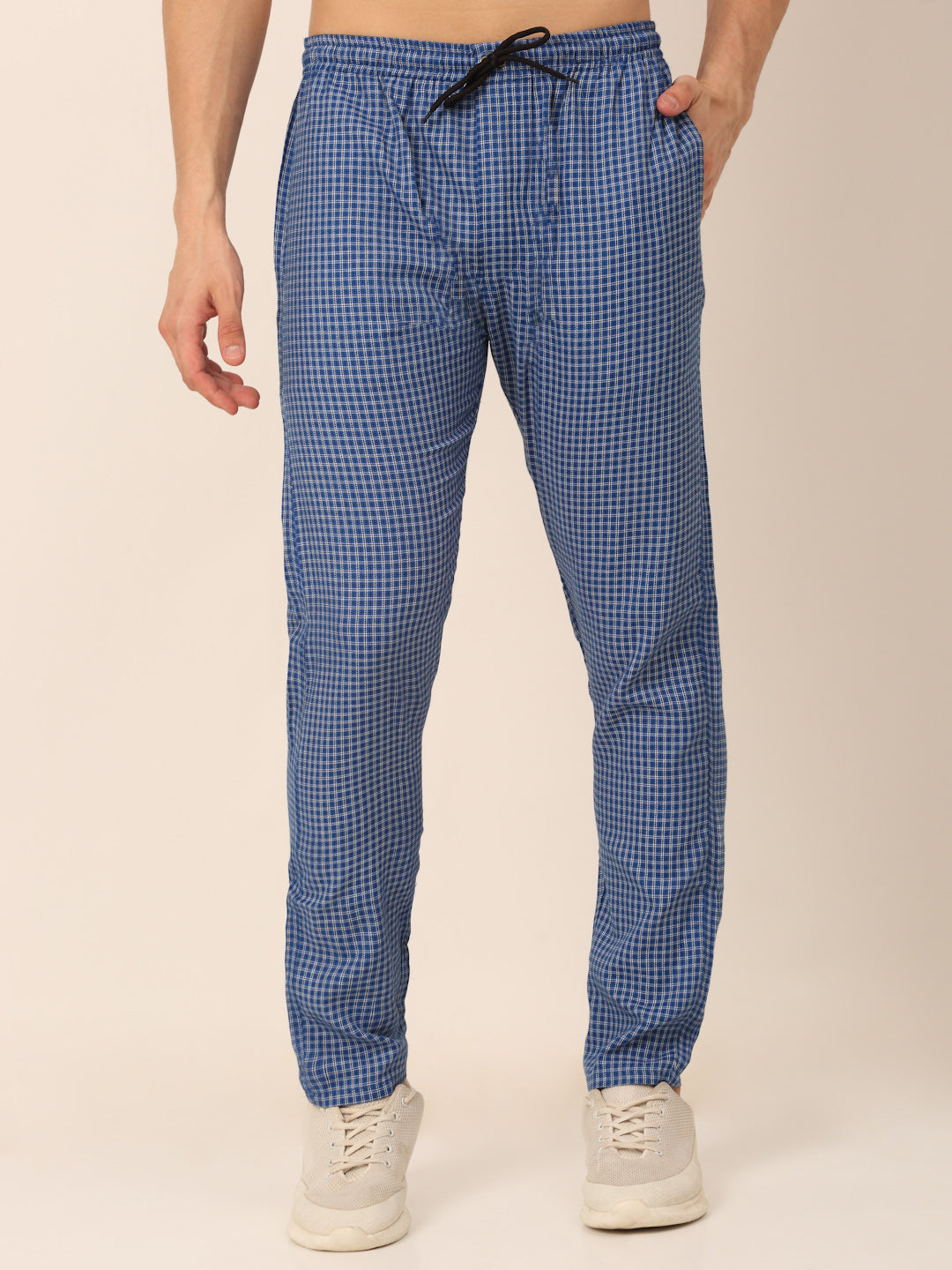 Jainish Men's Checked Cotton Track Pants - Blue - Swadesiicart