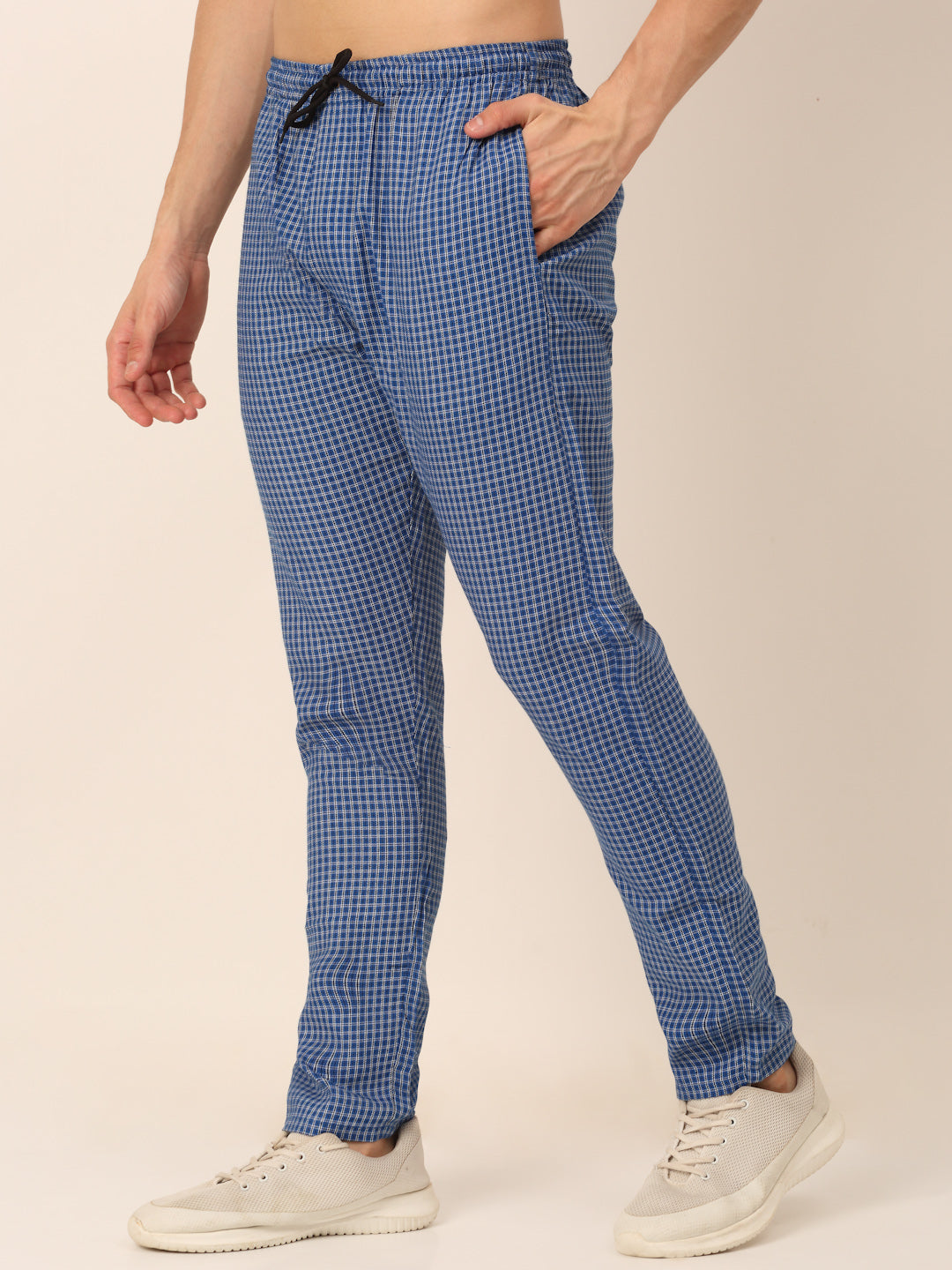 Jainish Men's Checked Cotton Track Pants - Blue - Swadesiicart