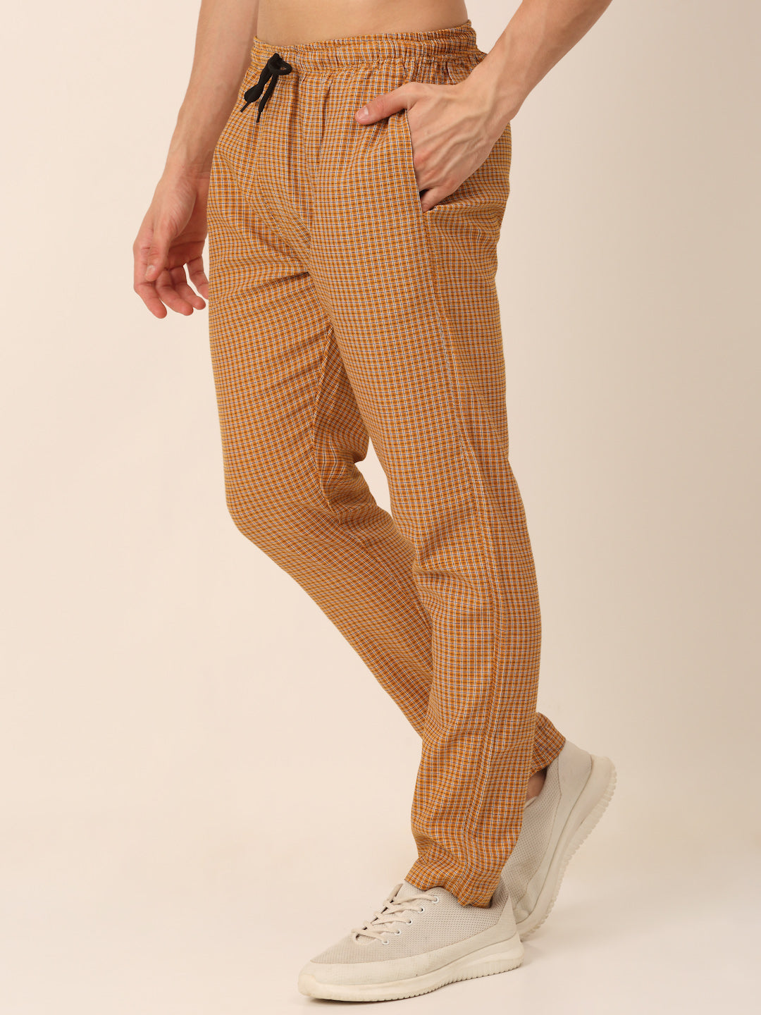 Jainish Men's Checked Cotton Track Pants - Mustard - Swadesiicart