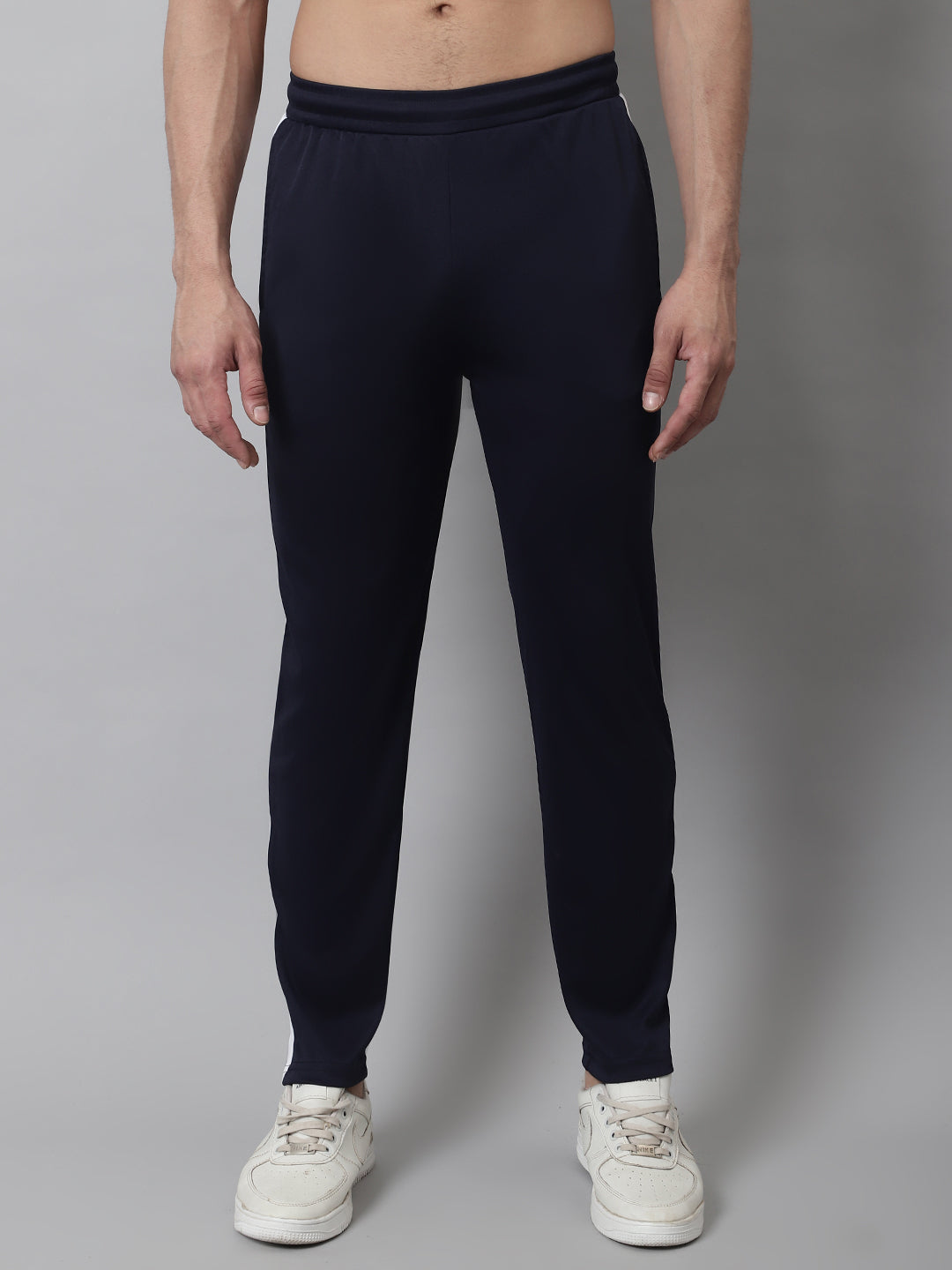 Jainish Men's Navy Blue and White Striped Streachable Lycra Trackpants - Swadesiicart
