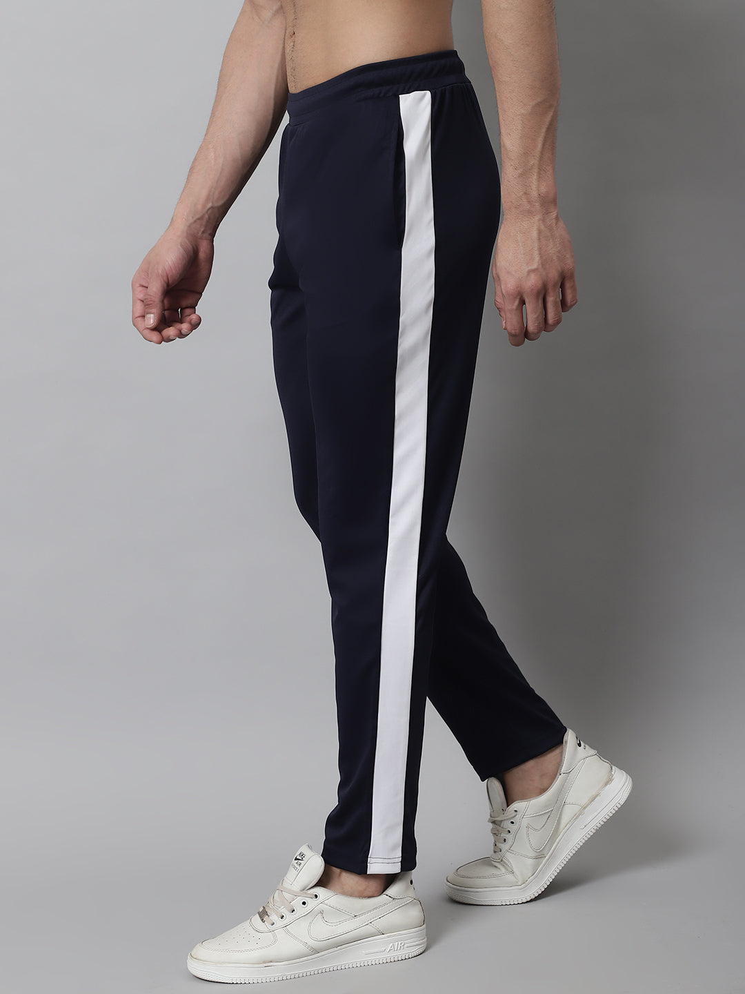 Jainish Men's Navy Blue and White Striped Streachable Lycra Trackpants - Swadesiicart
