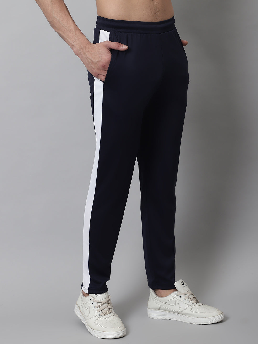 Jainish Men's Navy Blue and White Striped Streachable Lycra Trackpants - Swadesiicart