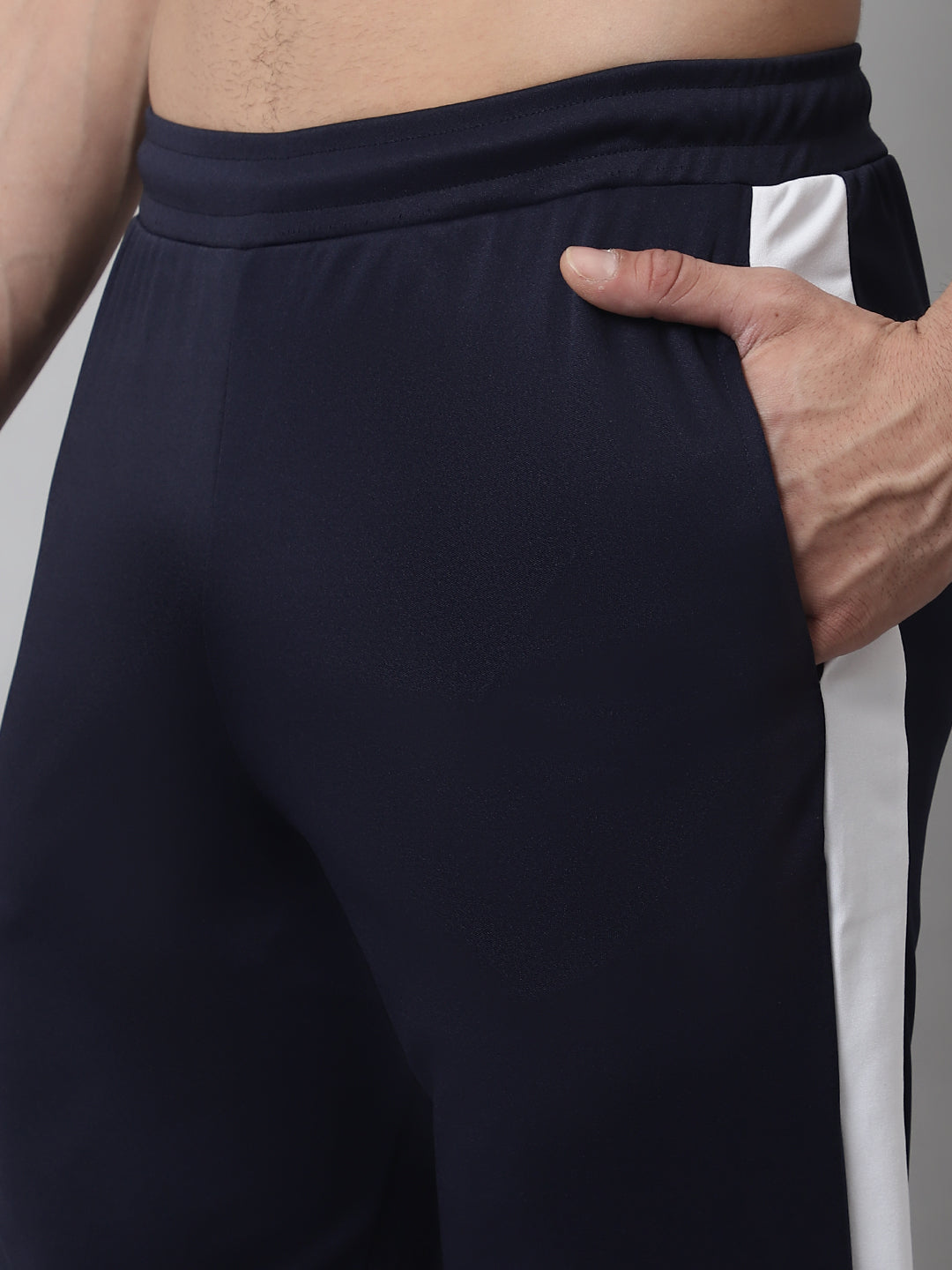 Jainish Men's Navy Blue and White Striped Streachable Lycra Trackpants - Swadesiicart