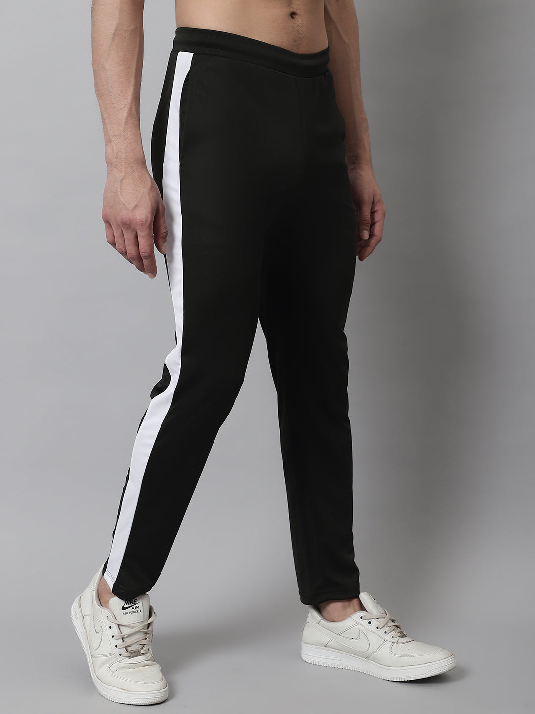 Jainish Men's Olive Green and White Striped Streachable Lycra Trackpants - Swadesiicart