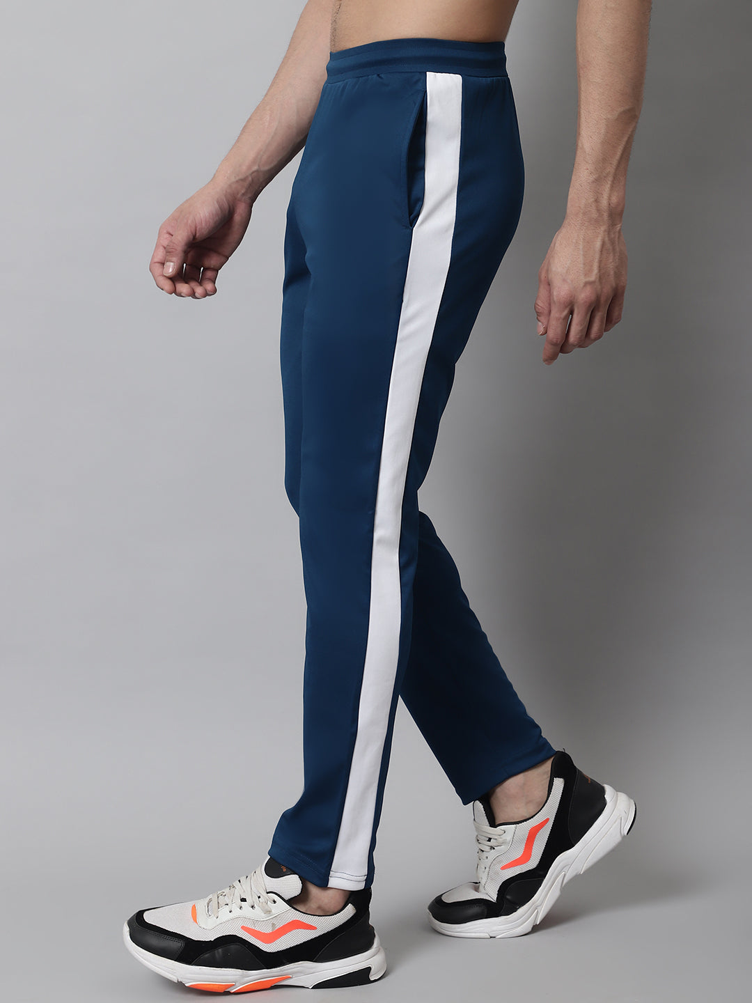 Jainish Men's Peacock Blue and White Striped Streachable Lycra Trackpants - Swadesiicart