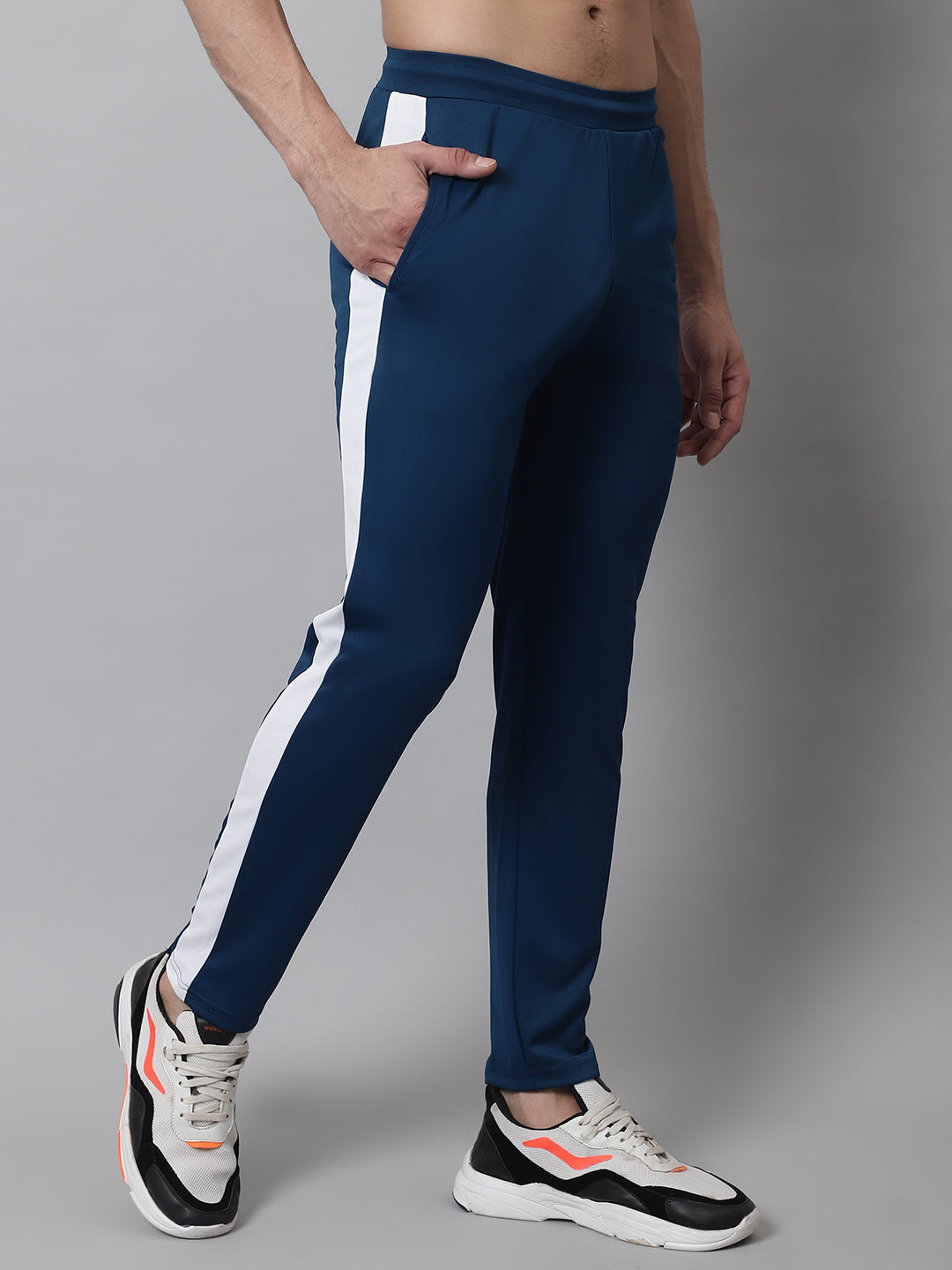 Jainish Men's Peacock Blue and White Striped Streachable Lycra Trackpants - Swadesiicart