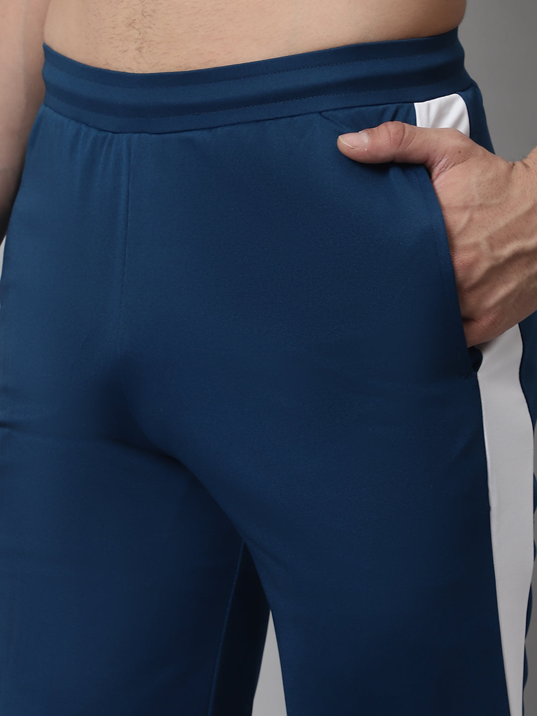 Jainish Men's Peacock Blue and White Striped Streachable Lycra Trackpants - Swadesiicart