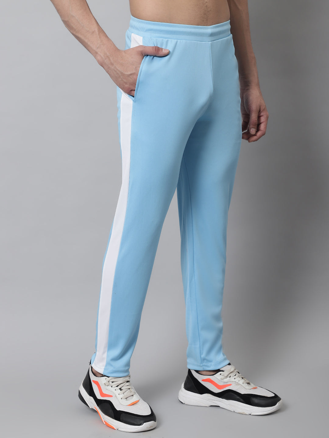 Jainish Men's Sky Blue and White Striped Streachable Lycra Trackpants - Swadesiicart