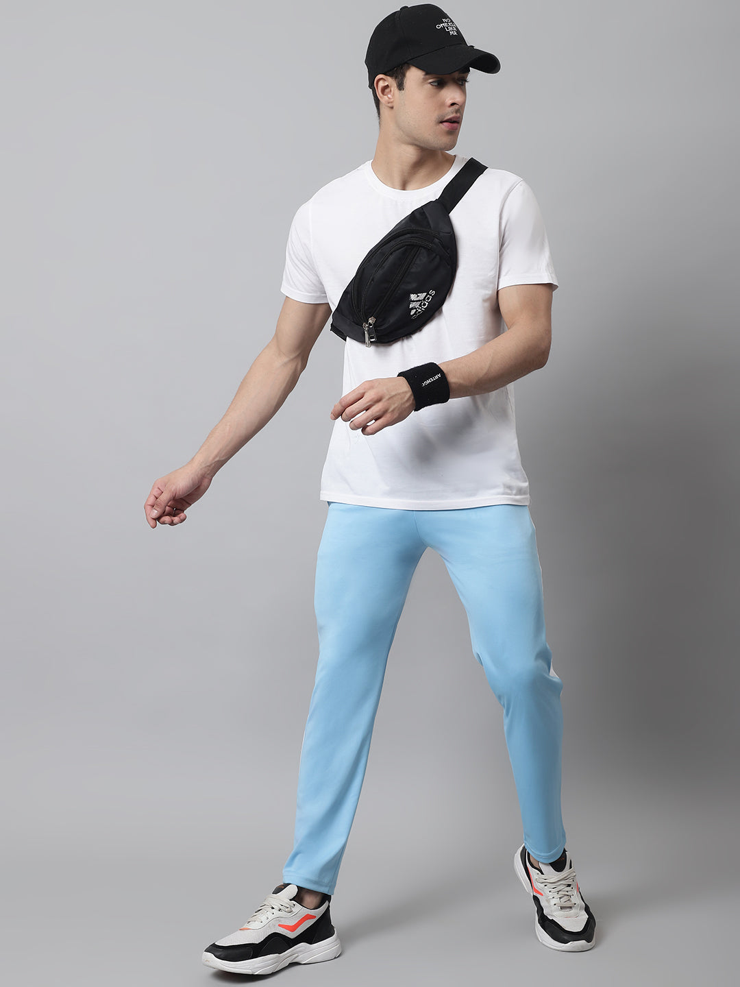 Jainish Men's Sky Blue and White Striped Streachable Lycra Trackpants - Swadesiicart