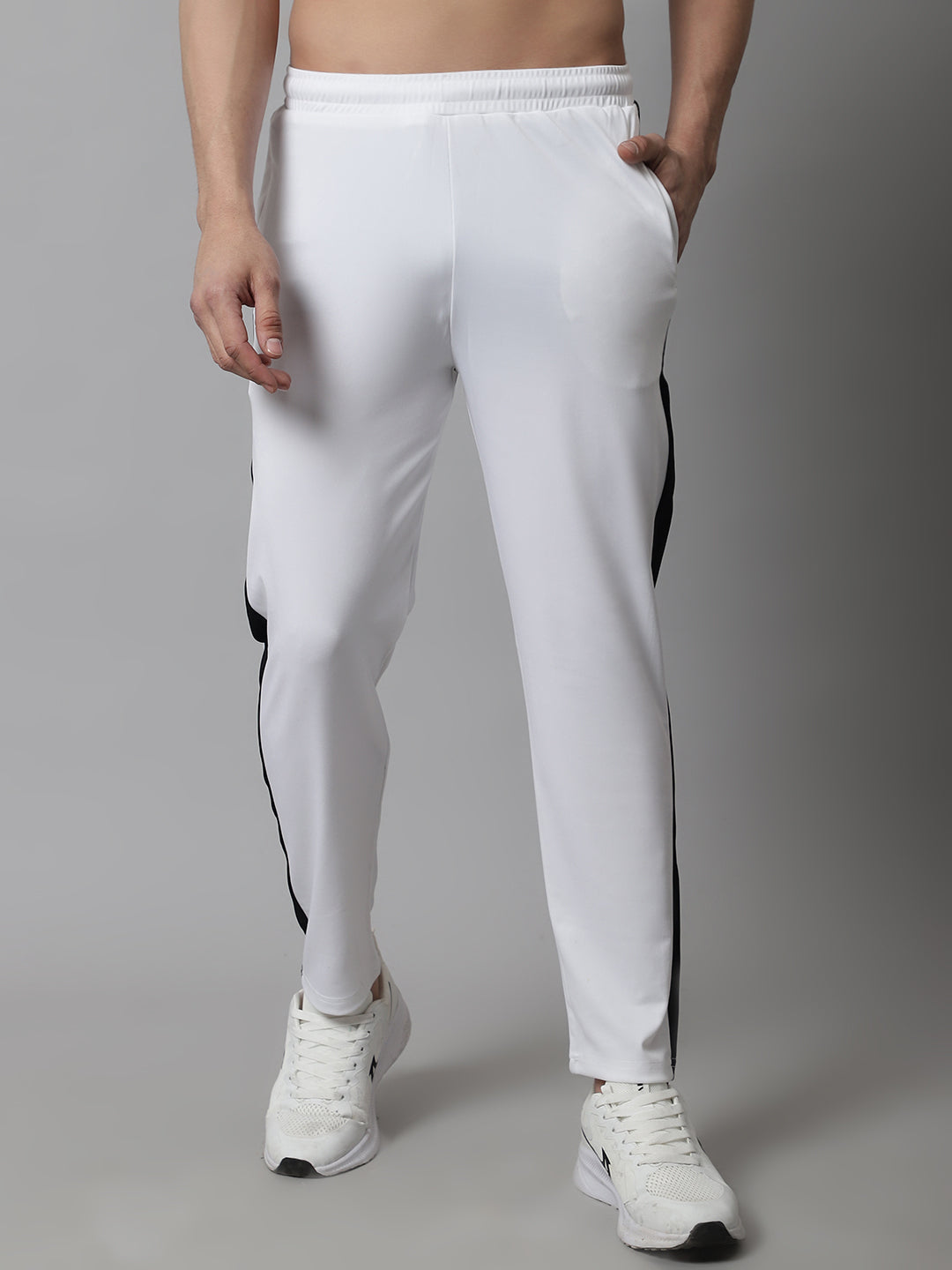 Jainish Men's White and Black Striped Streachable Lycra Trackpants - Swadesiicart