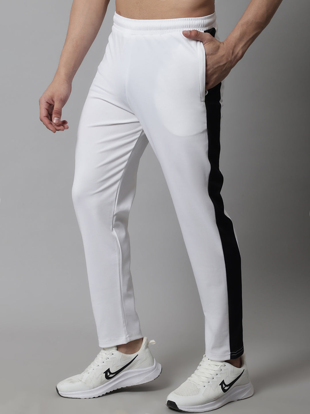 Jainish Men's White and Black Striped Streachable Lycra Trackpants - Swadesiicart