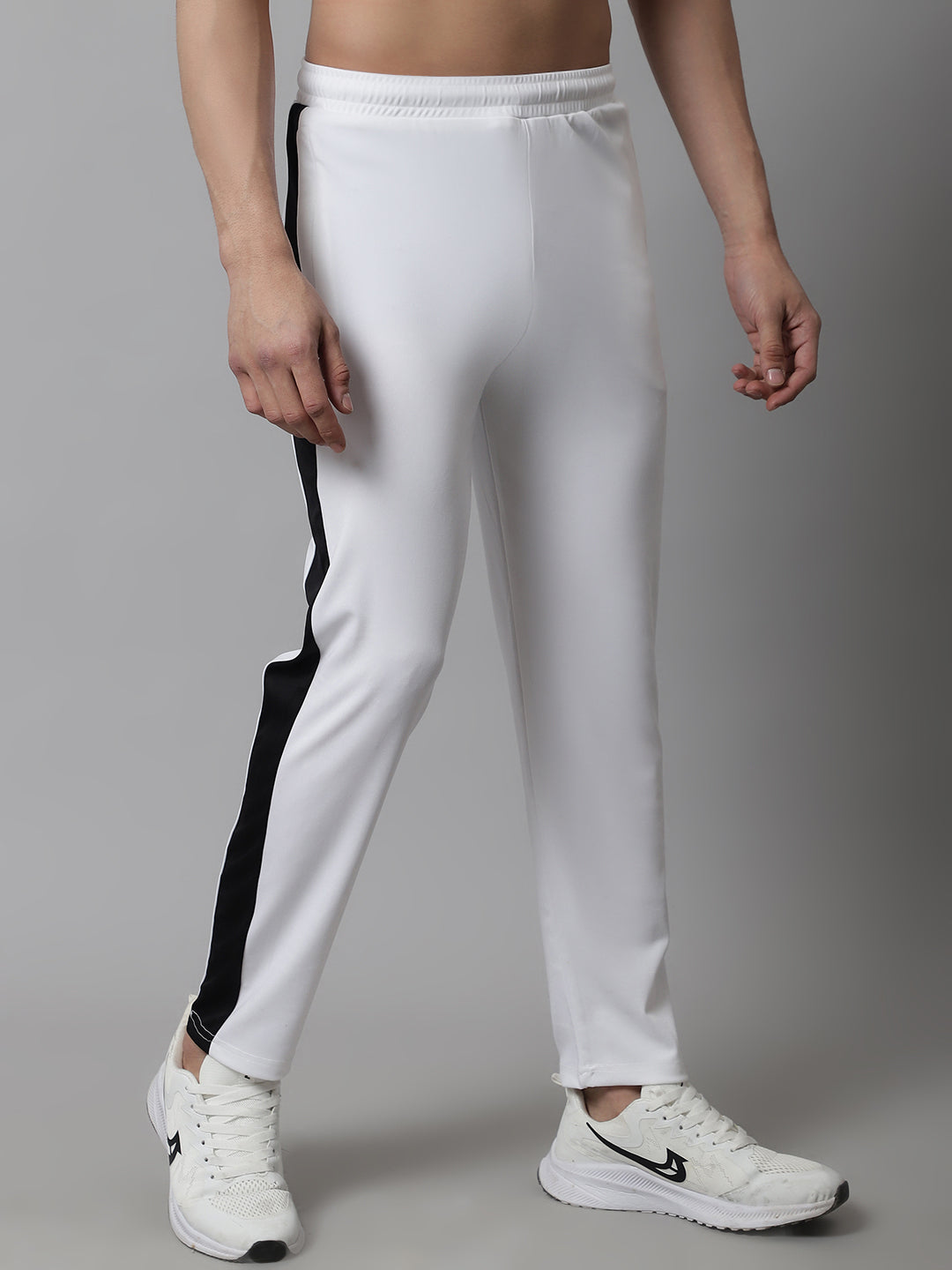 Jainish Men's White and Black Striped Streachable Lycra Trackpants - Swadesiicart