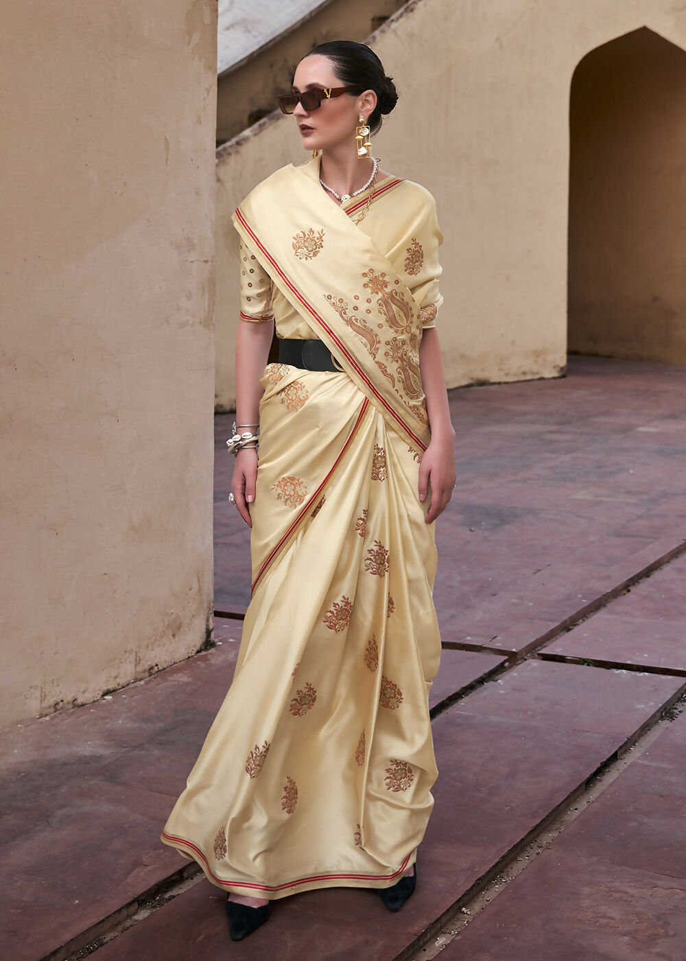 Buttermilk Beige Pure Satin Zari Weaving Wedding Festive Saree - Emponline | Swadesiicart