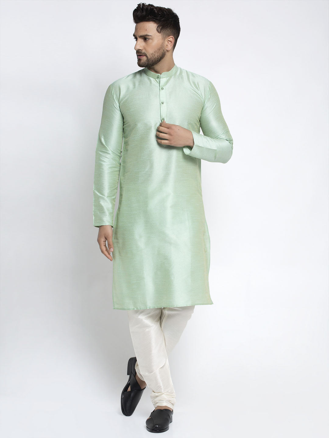 Jompers Men's Green Solid Dupion Silk Kurta Payjama Set | Swadesiicart