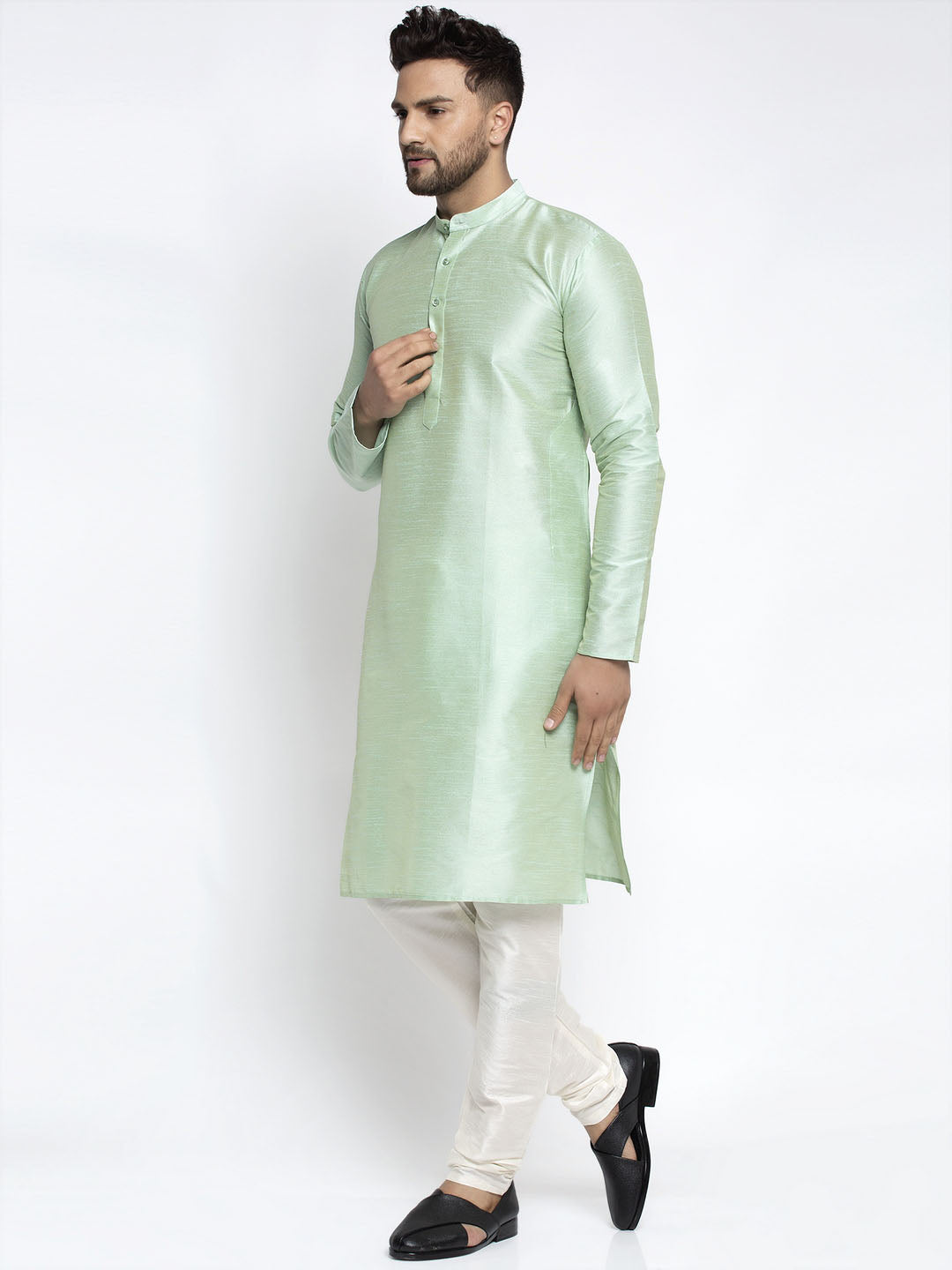 Jompers Men's Green Solid Dupion Silk Kurta Payjama Set | Swadesiicart