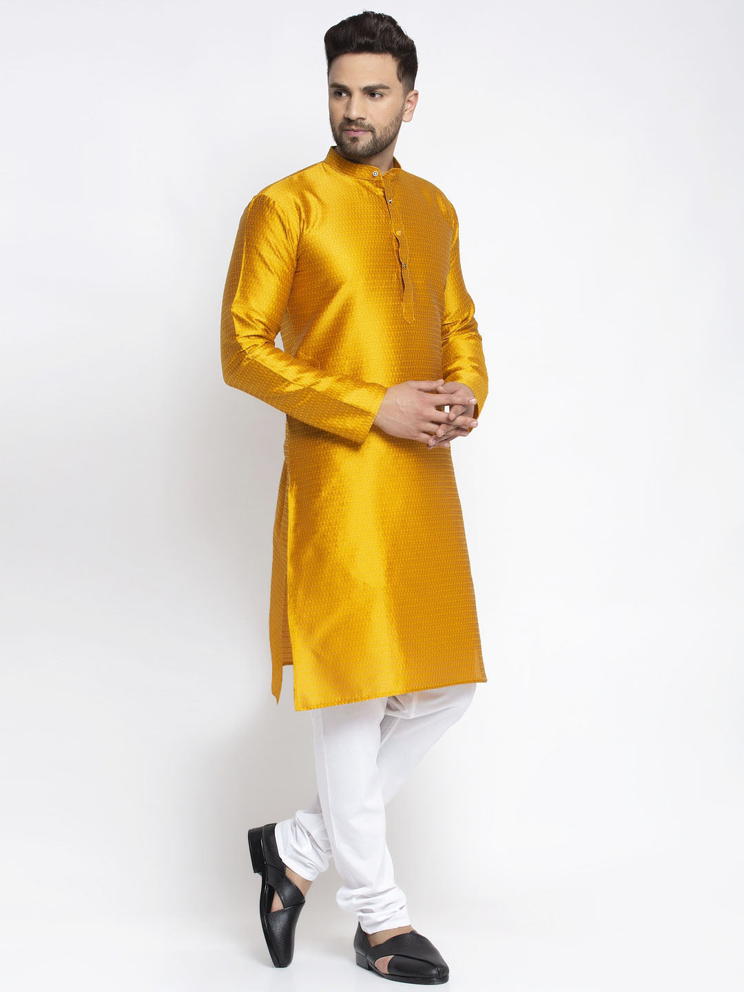 Jompers Men Yellow & White Woven Design Kurta with Pyjamas | Swadesiicart