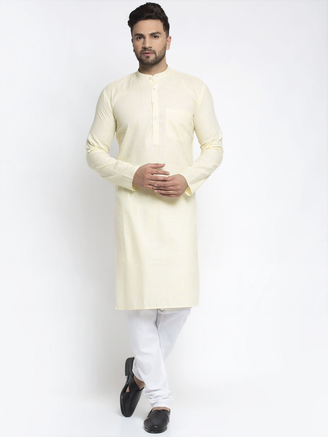 Jompers Men Lemon Yellow & White Self Design Kurta with Pyjamas | Swadesiicart