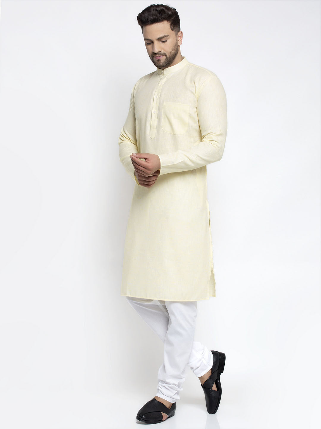 Jompers Men Lemon Yellow & White Self Design Kurta with Pyjamas | Swadesiicart