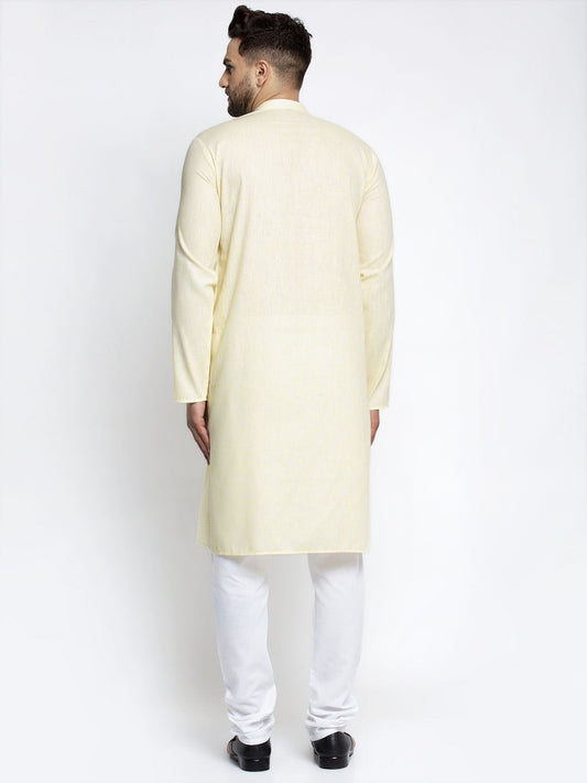 Jompers Men Lemon Yellow & White Self Design Kurta with Pyjamas | Swadesiicart