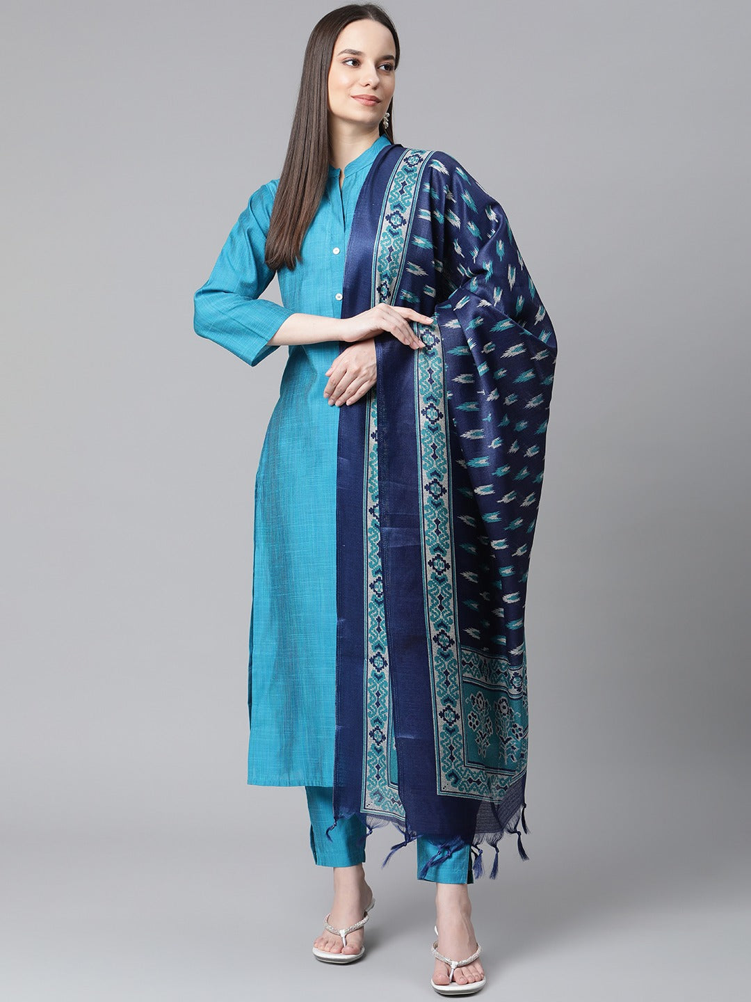 Jompers Women Blue & Green Self-Striped Kurta with Trousers & Printed Art Silk Dupatta | Swadesiicart