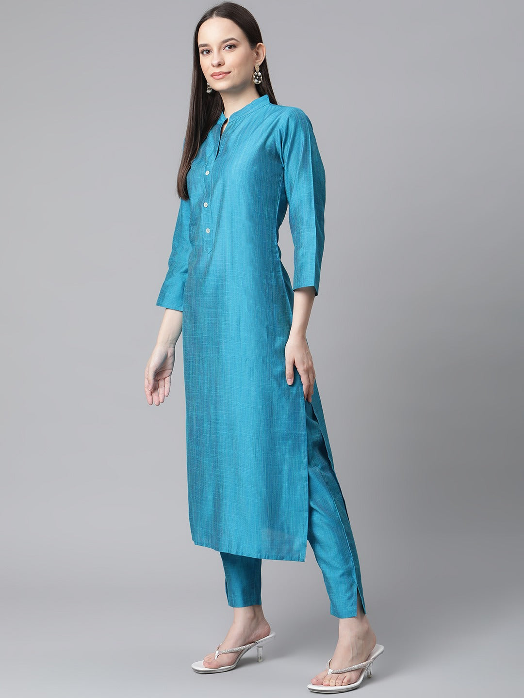 Jompers Women Blue & Green Self-Striped Kurta with Trousers & Printed Art Silk Dupatta | Swadesiicart