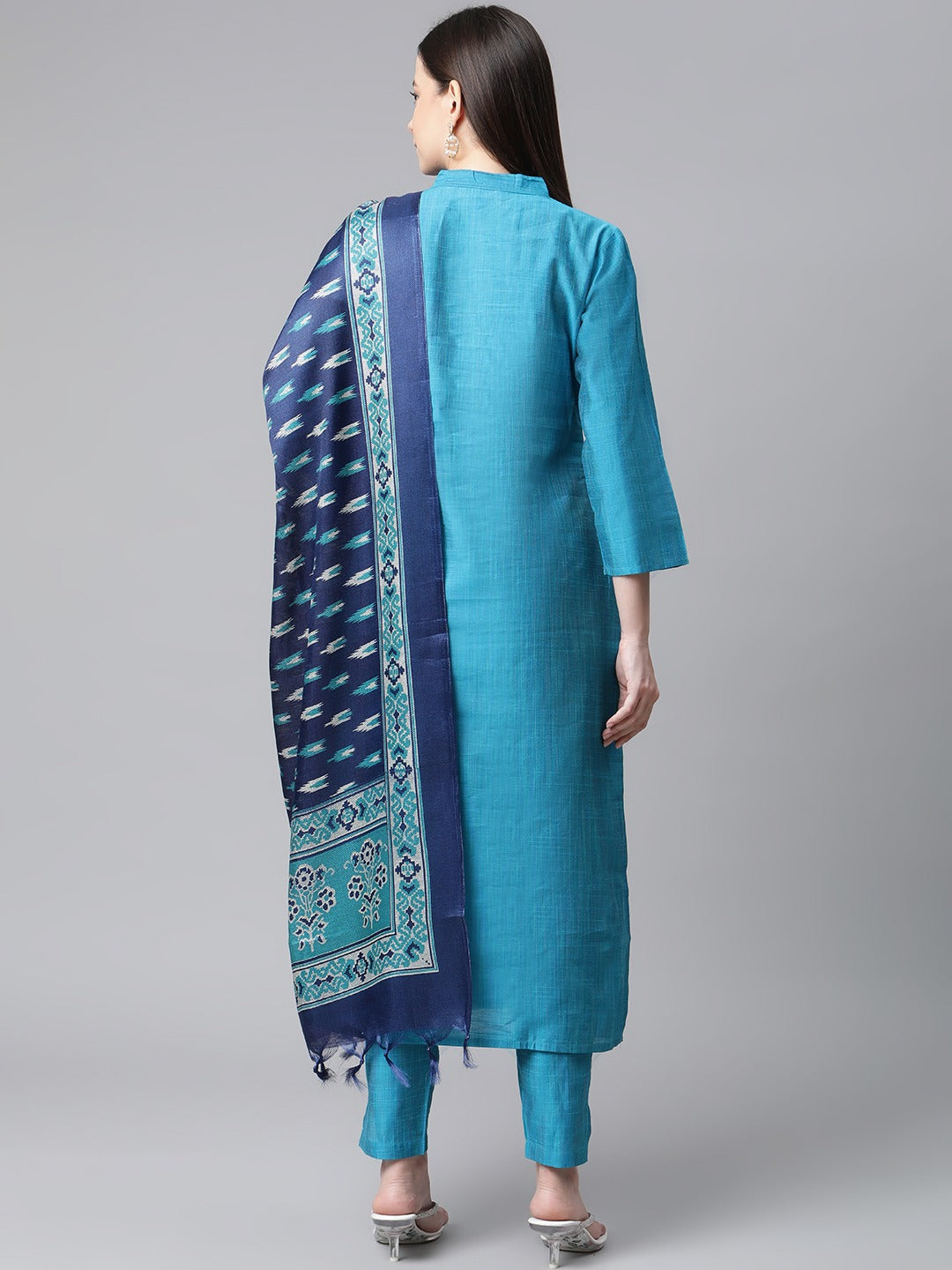 Jompers Women Blue & Green Self-Striped Kurta with Trousers & Printed Art Silk Dupatta | Swadesiicart