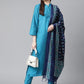 Jompers Women Blue & Green Self-Striped Kurta with Trousers & Printed Art Silk Dupatta | Swadesiicart