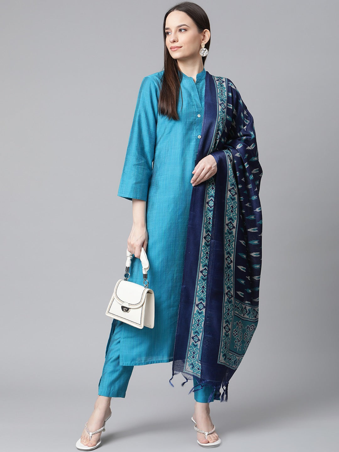 Jompers Women Blue & Green Self-Striped Kurta with Trousers & Printed Art Silk Dupatta | Swadesiicart
