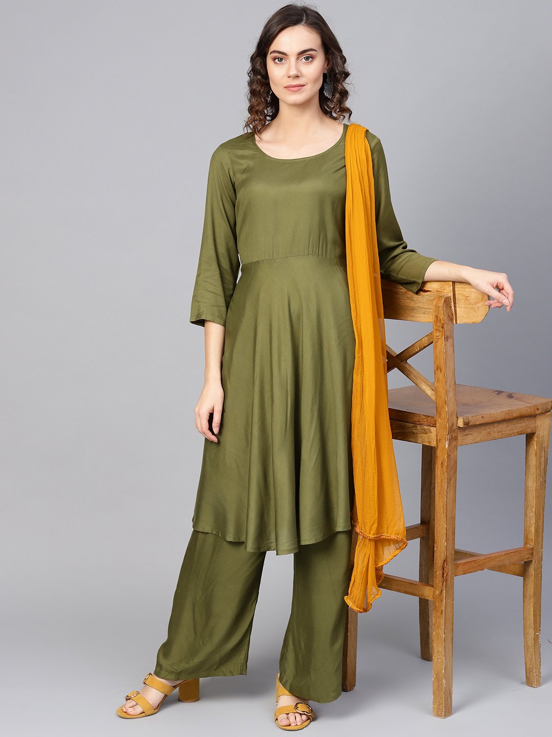 Jompers Women Olive Green Solid Kurta with Palazzos & Dupatta | Swadesiicart